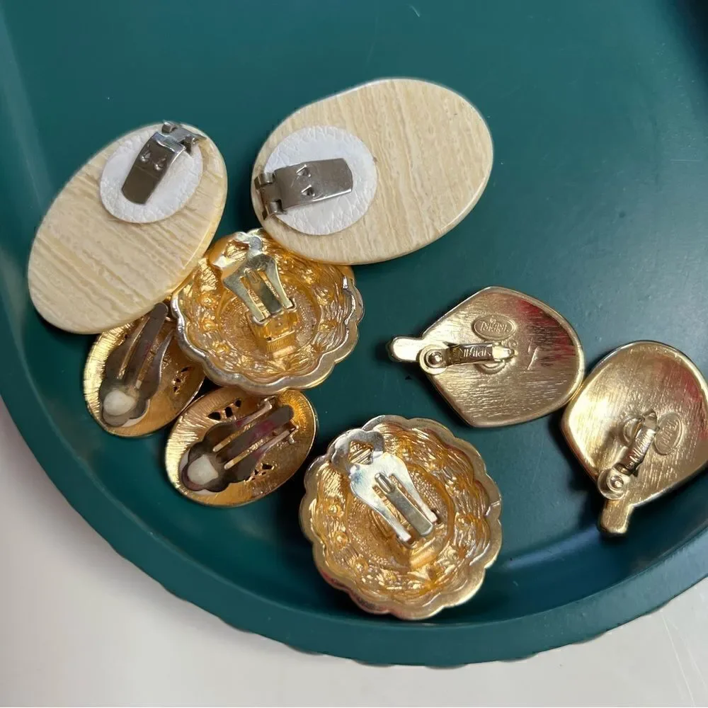 4 Pairs Mixed Decades 1950s - 1980s Large Cream Enamel Gold Toned Clip Earrings